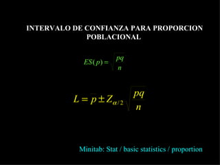 INTERVALO DE CONFIANZA PARA PROPORCION POBLACIONAL  Minitab: Stat / basic statistics / proportion 
