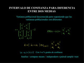 INTERVALO DE CONFIANZA PARA DIFERENCIA ENTRE DOS MEDIAS Varianza poblacional desconocida pero suponiendo que las varianzas poblacionales son diferentes  Con 1-α % grados de confianza Analize / compare means / independent o paired sample t test  