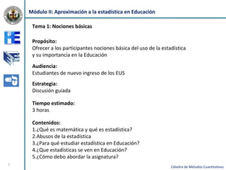 Módulo II: Aproximación a la estadística en Educación
Tema 1: Nociones básicas
Propósito:
Ofrecer a los participantes nociones básica del uso de la estadística
y su importancia en la Educación
Audiencia:
Estudiantes de nuevo ingreso de los EUS
Estrategia:
Discusión guiada
Tiempo estimado:
3 horas
Contenidos:
1.¿Qué es matemática y qué es estadística?
2.Abusos de la estadística
3.¿Para qué estudiar estadística en Educación?
4.¿Que estadísticas se ven en Educación?
5.¿Cómo debo abordar la asignatura?
1

Cátedra de Métodos Cuantitativos

 