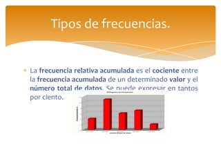 Tipos de frecuencias.


La frecuencia relativa acumulada es el cociente entre
la frecuencia acumulada de un determinado valor y el
número total de datos. Se puede expresar en tantos
por ciento.
 