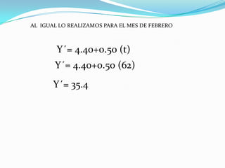 AL IGUAL LO REALIZAMOS PARA EL MES DE FEBRERO



        Y´= 4.40+0.50 (t)
       Y´= 4.40+0.50 (62)
       Y´= 35.4
 