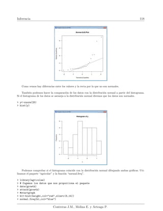 Inferencia 118
Como vemos hay diferencias entre los valores y la recta por lo que no son normales.
También podemos hacer la comparación de los datos con la distribución normal a partir del histograma.
Si el histograma de los datos se asemeja a la distribución normal diremos que los datos son normales.
 y-rnorm(25)
 hist(y)
Podemos comprobar si el histograma coincide con la distribución normal dibujando ambas gráficas. Uti-
lizamos el paquete “agricolae” y la función “normal.freq”.
 library(agricolae)
 # Cogemos los datos que nos proporciona el paquete
 data(growth)
 attach(growth)
 #startgraph
 h1-hist(height,col=red,xlim=c(6,14))
 normal.freq(h1,col=blue)
Contreras J.M., Molina E. y Arteaga P.
 