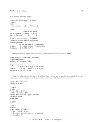 Análisis de la varianza 126
de la varianza para cada estrato.
 anova - aov(valores ~ Niveles)
 anova
Call:
aov(formula = valores ~ Niveles)
Terms:
Niveles Residuals
Sum of Squares 3.29378 31.67200
Deg. of Freedom 2 42
Residual standard error: 0.8683866
Estimated effects may be unbalanced
 summary(anova)
Df Sum Sq Mean Sq F value Pr(F)
Niveles 2 3.294 1.6469 2.1839 0.1252
Residuals 42 31.672 0.7541
Otra posibilidad es definir el modelo lineal y posteriormente obtener la tabla del ANOVA.
 regresión - lm(valores ~ Niveles)
 anova(regresión)
Analysis of Variance Table
Response: valores
Df Sum Sq Mean Sq F value Pr(F)
Niveles 2 3.294 1.6469 2.1839 0.1252
Residuals 42 31.672 0.7541
Como el p-valor es mayor que el nivel de significación se concluye que no hay diferencias significativas entre
los tres niveles. Las estimaciones de los parámetros se obtienen con la función “model.tables”.
 model.tables(anova)
Tables of effects
Niveles
Niveles
Nivel.A Nivel.B Nivel.C
-0.2511 -0.1244 0.3756
 model.tables(anova, type = mean)
Tables of means
Grand mean
5.137778
Niveles
Niveles
Nivel.A Nivel.B Nivel.C
4.887 5.013 5.513
 # Obtenemos más información con summary.
 summary(anova)
Contreras J.M., Molina E. y Arteaga P.
 