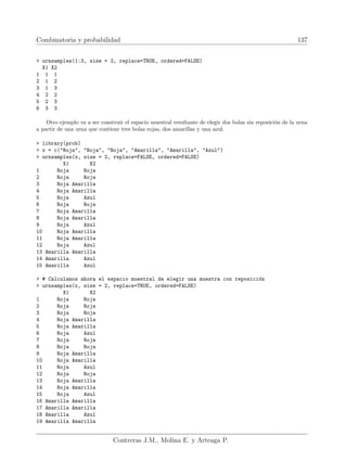 Combinatoria y probabilidad 137
 urnsamples(1:3, size = 2, replace=TRUE, ordered=FALSE)
X1 X2
1 1 1
2 1 2
3 1 3
4 2 2
5 2 3
6 3 3
Otro ejemplo va a ser construir el espacio muestral resultante de elegir dos bolas sin reposición de la urna
a partir de una urna que contiene tres bolas rojas, dos amarillas y una azul.
 library(prob)
 x = c(Roja, Roja, Roja, Amarilla, Amarilla, Azul)
 urnsamples(x, size = 2, replace=FALSE, ordered=FALSE)
X1 X2
1 Roja Roja
2 Roja Roja
3 Roja Amarilla
4 Roja Amarilla
5 Roja Azul
6 Roja Roja
7 Roja Amarilla
8 Roja Amarilla
9 Roja Azul
10 Roja Amarilla
11 Roja Amarilla
12 Roja Azul
13 Amarilla Amarilla
14 Amarilla Azul
15 Amarilla Azul
 # Calculamos ahora el espacio muestral de elegir una muestra con reposición
 urnsamples(x, size = 2, replace=TRUE, ordered=FALSE)
X1 X2
1 Roja Roja
2 Roja Roja
3 Roja Roja
4 Roja Amarilla
5 Roja Amarilla
6 Roja Azul
7 Roja Roja
8 Roja Roja
9 Roja Amarilla
10 Roja Amarilla
11 Roja Azul
12 Roja Roja
13 Roja Amarilla
14 Roja Amarilla
15 Roja Azul
16 Amarilla Amarilla
17 Amarilla Amarilla
18 Amarilla Azul
19 Amarilla Amarilla
Contreras J.M., Molina E. y Arteaga P.
 