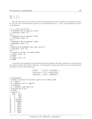 Combinatoria y probabilidad 147
206 2 5 6
212 2 6 6
Hay otras funciones útiles a la hora de calcular subconjuntos tales como “countrep’ que calcula en número
de veces que uno o varios elementos aparecen en un determinado vector ’y “isrep” que comprueba si se dan o
no repeticiones.
 x - c(3,3,2,2,3,3,4,4)
 # Elementos que se repiten 4 veces
 countrep(x, nrep = 4)
[1] 1
 # Elementos que se repiten 2 veces
 countrep(x, nrep = 2)
[1] 2
 # Elementos que se repiten 3 veces
 countrep(x, nrep = 3)
[1] 0
 Repetición de elementos cuyo valor sea el 4
 countrep(x, vals = 4)
[1] 1
 # veamos si se dan o no repeticiones
 isrep(x, nrep = 4)
[1] TRUE
 isrep(x, vals = 4)
[1] TRUE
A menudo es útil manipular de manera algebraica los subconjuntos. Para ello, contamos con tres operaciones
de conjuntos: unión, intersección y diferencia. A continuación se muestra una tabla que resume la información
pertinente acerca de estas operaciones.
Unión A ∪ B union(A,B)
Intersección A ∩ B intersect(A,B)
Diferencia AB setdiff(A,B)
 library(prob)
 # Vamos a calcular los sucesos a partir de la order cards
 S = cards()
 A = subset(S, suit == Heart)
 # Corazones
 B = subset(S, rank %in% 2:3)
 # Valores del 2 al 3
 # Unión
 union(A, B)
rank suit
1 2 Club
2 3 Club
14 2 Diamond
15 3 Diamond
27 2 Heart
28 3 Heart
29 4 Heart
30 5 Heart
31 6 Heart
32 7 Heart
Contreras J.M., Molina E. y Arteaga P.
 
