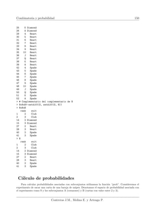 Combinatoria y probabilidad 150
25 K Diamond
26 A Diamond
29 4 Heart
30 5 Heart
31 6 Heart
32 7 Heart
33 8 Heart
34 9 Heart
35 10 Heart
36 J Heart
37 Q Heart
38 K Heart
39 A Heart
42 4 Spade
43 5 Spade
44 6 Spade
45 7 Spade
46 8 Spade
47 9 Spade
48 10 Spade
49 J Spade
50 Q Spade
51 K Spade
52 A Spade
 # Complementario del complementario de B
 NoNoB-setdiff(S, setdiff(S, B))
 NoNoB
rank suit
1 2 Club
2 3 Club
14 2 Diamond
15 3 Diamond
27 2 Heart
28 3 Heart
40 2 Spade
41 3 Spade
 B
rank suit
1 2 Club
2 3 Club
14 2 Diamond
15 3 Diamond
27 2 Heart
28 3 Heart
40 2 Spade
41 3 Spade
Cálculo de probabilidades
Para calcular probabilidades asociadas con subconjuntos utilizamos la función “prob”. Consideremos el
experimento de sacar una carta de una baraja de naipes. Denotamos el espacio de probabilidad asociada con
el experimento como S y los subconjuntos A (corazones) y B (cartas con valor entre 2 y 3).
Contreras J.M., Molina E. y Arteaga P.
 
