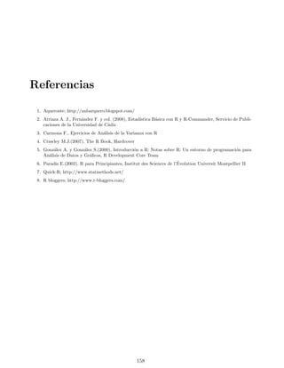 Referencias
1. Aqueronte; http://unbarquero.blogspot.com/
2. Arriaza A. J., Fernández F. y col. (2008), Estadı́stica Básica con R y R-Commander, Servicio de Publi-
caciones de la Universidad de Cádiz
3. Carmona F., Ejercicios de Análisis de la Varianza con R
4. Crawley M.J.(2007), The R Book, Hardcover
5. González A. y González S.(2000), Introducción a R: Notas sobre R: Un entorno de programación para
Análisis de Datos y Gráficos, R Development Core Team
6. Paradis E.(2002), R para Principiantes, Institut des Sciences de l’Évolution Universit Montpellier II
7. Quick-R; http://www.statmethods.net/
8. R bloggers; http://www.r-bloggers.com/
158
 