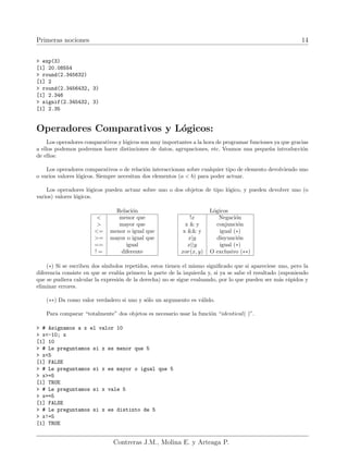 Primeras nociones 14
> exp(3)
[1] 20.08554
> round(2.345632)
[1] 2
> round(2.3456432, 3)
[1] 2.346
> signif(2.345432, 3)
[1] 2.35
Operadores Comparativos y Lógicos:
Los operadores comparativos y lógicos son muy importantes a la hora de programar funciones ya que gracias
a ellos podemos podremos hacer distinciones de datos, agrupaciones, etc. Veamos una pequeña introducción
de ellos:
Los operadores comparativos o de relación interaccionan sobre cualquier tipo de elemento devolviendo uno
o varios valores lógicos. Siempre necesitan dos elementos (a < b) para poder actuar.
Los operadores lógicos pueden actuar sobre uno o dos objetos de tipo lógico, y pueden devolver uno (o
varios) valores lógicos.
Relación Lógicos
< menor que
> mayor que
<= menor o igual que
>= mayor o igual que
== igual
! = diferente
!x Negación
x & y conjunción
x && y igual (∗)
x|y disyunción
x||y igual (∗)
xor(x, y) O exclusivo (∗∗)
(∗) Si se escriben dos sı́mbolos repetidos, estos tienen el mismo significado que si apareciese uno, pero la
diferencia consiste en que se evalúa primero la parte de la izquierda y, si ya se sabe el resultado (suponiendo
que se pudiera calcular la expresión de la derecha) no se sigue evaluando, por lo que pueden ser más rápidos y
eliminar errores.
(∗∗) Da como valor verdadero si uno y sólo un argumento es válido.
Para comparar “totalmente” dos objetos es necesario usar la función “identical( )”.
> # Asignamos a x el valor 10
> x<-10; x
[1] 10
> # Le preguntamos si x es menor que 5
> x<5
[1] FALSE
> # Le preguntamos si x es mayor o igual que 5
> x>=5
[1] TRUE
> # Le preguntamos si x vale 5
> x==5
[1] FALSE
> # Le preguntamos si x es distinto de 5
> x!=5
[1] TRUE
Contreras J.M., Molina E. y Arteaga P.
 