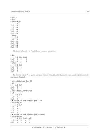 Manipulación de Datos 29
> x<-1:5
> y<-1.3
> outer(x,y)
[,1]
[1,] 1.3
[2,] 2.6
[3,] 3.9
[4,] 5.2
[5,] 6.5
> x%o%y
[,1]
[1,] 1.3
[2,] 2.6
[3,] 3.9
[4,] 5.2
[5,] 6.5
Mediante la función “t( )” calculamos la matriz traspuesta.
> A1
[,1] [,2] [,3]
[1,] 1 3 5
[2,] 2 4 6
> t(A1)
[,1] [,2]
[1,] 1 2
[2,] 3 4
[3,] 5 6
La función “diag( )” se puede usar para extraer o modificar la diagonal de una matriz o para construir
una matriz diagonal.
> m1<-matrix(1,nr=2,nc=2)
> m1
[,1] [,2]
[1,] 1 1
[2,] 1 1
> m2<-matrix(2,nr=2,nc=2)
> m2
[,1] [,2]
[1,] 2 2
[2,] 2 2
> # Unimos las dos matrices por filas
> rbind(m1,m2)
[,1] [,2]
[1,] 1 1
[2,] 1 1
[3,] 2 2
[4,] 2 2
> # Unimos las dos matrices por columnas
> cbind(m1,m2)
[,1] [,2] [,3] [,4]
[1,] 1 1 2 2
[2,] 1 1 2 2
Contreras J.M., Molina E. y Arteaga P.
 