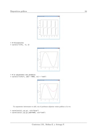Dispositivos gráficos 64
> # Polinomiales
> curve(x^3-3*x, -2, 2)
> # Le adjuntamos una parábola
> curve(x^2-2*x+1, add = TRUE, col = "red")
Un argumento interesante es add, con el podemos adjuntar varias gráficas a la vez.
> curve(sin(x),-pi,pi, col="blue")
> curve(cos(x),-pi,pi,add=TRUE, col="red")
Contreras J.M., Molina E. y Arteaga P.
 