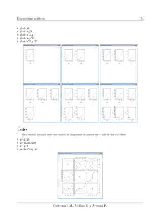 Dispositivos gráficos 74
> plot(y)
> plot(x,y)
> plot(x^2,y)
> plot(x,y^2)
> plot(x^2,y^2)
pairs
Esta función permite crear una matriz de diagramas de puntos entre más de dos variables.
> x<-1:20
> y<-rnorm(20)
> z<-y^3
> pairs(~x+y+z)
Contreras J.M., Molina E. y Arteaga P.
 