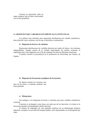 Consiste en representar sobre un
mapa cualquier tipo de datos relacionados
con un área geográfica.

5.- GRÁFICOS PARA VARIABLES ESTADÍSTICAS CUANTITATIVAS.
Los gráficos más utilizados para representar distribuciones de variable cuantitativas,
tanto discretas como continuas, son los que se describen a continuación.
a) Diagrama de barras o de columnas
Representan distribuciones de variables discretas por medio de barras o de columnas
independientes, situadas encima de la variable representada. En muchas ocasiones se
superponen dos o más diagramas con el fin de comparar los datos de diferentes situaciones.
El gráfico muestra la procedencia de la producción de electricidad, por fuentes, de
España.

b) Diagrama de frecuencias (o polígono de frecuencias)
Se obtiene uniendo los extremos más
altos de las barras o columnas mediante una
línea quebrada.

c) Histogramas
Son análogos a los diagramas de barras o columnas pero para variables cuantitativas
continuas
Consisten en rectángulos cuyas bases son cada uno de los intervalos y la altura es la
frecuencia absoluta correspondiente a dicho intervalo.
El número de empleados de cien pequeñas empresas de un determinado polígono
industrial, recogidos en una tabla del margen pueden verse representados en el histograma que
sigue.

 