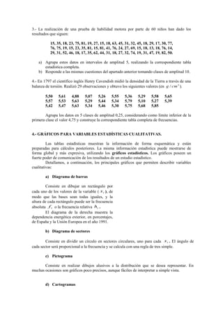 3.- La realización de una prueba de habilidad motora por parte de 60 niños han dado los
resultados que siguen:
15, 35, 18, 23, 75, 81, 19, 27, 15, 18, 63, 45, 31, 32, 45, 18, 29, 17, 30, 77,
76, 75, 19, 15, 23, 35, 81, 15, 81, 41, 76, 24, 27, 69, 15, 18, 13, 18, 76, 14,
29, 31, 52, 46, 18, 17, 35, 62, 44, 31, 18, 27, 32, 74, 19, 31, 47, 19, 82, 50.
a) Agrupa estos datos en intervalos de amplitud 5, realizando la correspondiente tabla
estadística completa.
b) Responde a las mismas cuestiones del apartado anterior tomando clases de amplitud 10.
4.- En 1797 el científico inglés Henry Cavendish midió la densidad de la Tierra a través de una
balanza de torsión. Realizó 29 observaciones y obtuvo los siguientes valores (en 3
/ cmg ).
5,50 5,61 4,88 5,07 5,26 5,55 5,36 5,29 5,58 5,65
5,57 5,53 5,63 5,29 5,44 5,34 5,79 5,10 5,27 5,39
5,42 5,47 5,63 5,34 5,46 5,30 5,75 5,68 5,85
Agrupa los datos en 5 clases de amplitud 0,25, considerando como límite inferior de la
primera clase el valor 4,75 y construye la correspondiente tabla completa de frecuencias.
4.- GRÁFICOS PARA VARIABLES ESTADÍSTICAS CUALITATIVAS.
Las tablas estadísticas muestran la información de forma esquemática y están
preparadas para cálculos posteriores. La misma información estadística puede mostrarse de
forma global y más expresiva, utilizando los gráficos estadísticos. Los gráficos poseen un
fuerte poder de comunicación de los resultados de un estudio estadístico.
Detallamos, a continuación, los principales gráficos que permiten describir variables
cualitativas:
a) Diagrama de barras
Consiste en dibujar un rectángulo por
cada uno de los valores de la variable ( ix ), de
modo que las bases sean todas iguales, y la
altura de cada rectángulo puede ser la frecuencia
absoluta if o la frecuencia relativa ih .
El diagrama de la derecha muestra la
dependencia energética exterior, en porcentajes,
de España y la Unión Europea en el año 1991.
b) Diagrama de sectores
Consiste en dividir un círculo en sectores circulares, uno para cada ix . El ángulo de
cada sector será proporcional a la frecuencia y se calcula con una regla de tres simple.
c) Pictograma
Consiste en realizar dibujos alusivos a la distribución que se desea representar. En
muchas ocasiones son gráficos poco precisos, aunque fáciles de interpretar a simple vista.
d) Cartogramas
 