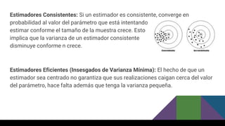 Estimadores Consistentes: Si un estimador es consistente, converge en
probabilidad al valor del parámetro que está intentando
estimar conforme el tamaño de la muestra crece. Esto
implica que la varianza de un estimador consistente
disminuye conforme n crece.
Estimadores Eficientes (Insesgados de Varianza Mínima): El hecho de que un
estimador sea centrado no garantiza que sus realizaciones caigan cerca del valor
del parámetro, hace falta además que tenga la varianza pequeña.
 