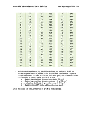 Servicio de asesoría y resolución de ejercicios ciencias_help@hotmail.com 
1 181 
2 160 
3 184 
4 163 
5 164 
6 179 
7 180 
8 181 
9 185 
10 177 
11 151 
12 173 
13 186 
14 186 
15 189 
16 172 
17 179 
18 182 
19 156 
20 186 
21 175 
22 166 
23 174 
24 175 
25 168 
26 165 
27 175 
28 174 
29 175 
30 175 
31 174 
32 170 
33 149 
34 168 
35 154 
36 147 
37 175 
38 155 
39 148 
40 169 
41 172 
42 179 
43 148 
44 174 
45 177 
46 176 
47 167 
48 170 
49 170 
50 174 
51 169 
52 179 
53 156 
54 157 
55 155 
56 157 
57 156 
58 157 
59 159 
60 177 
6. Si consideras el promedio y la desviación estándar, de la estatura de los 60 
adolescentes del ejercicio anterior, como estimaciones puntuales de los valores 
correspondientes a todos los estudiantes Mexicanos y supones que se distribuyen 
normalmente. Al seleccionar un estudiante al azar, 
a. ¿Cuál es la probabilidad de que mida más de 158 cm? 
b. ¿Cuál es la probabilidad de que mida entre 160 y 175 cm? 
c. ¿cuál es la probabilidad de que mida menos de 165 cm? 
d. ¿Cuánto miden el 5% de los adolescentes más altos? 
Envía el ejercicio a tu tutor, en formato de práctica de ejercicios. 
 