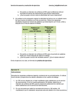Servicio de asesoría y resolución de ejercicios ciencias_help@hotmail.com 
a. Encuentra un intervalo de confianza al 95% para la diferencia entre el 
promedio de tiempo de sobrevivencia para ambos tratamientos. 
b. ¿Qué se puede concluir sobre la efectividad del nuevo tratamiento? 
5. Un profesor se ha propuesto mejorar la velocidad de lectura con un método nuevo. 
Así que lo pone en práctica con 8 de sus alumnos. Obtuvo los siguientes 
resultados respecto al número de palabras que éstos leyeron por minuto, antes y 
después de un mes de aplicar el método. 
Alumno 
Palabras por 
minuto 
antes del método 
Palabras por 
minuto 
después del 
método 
1 71 76 
2 67 72 
3 75 79 
4 86 86 
5 76 80 
6 61 70 
7 73 82 
8 62 68 
a. Encuentra un intervalo de confianza al 95% para el aumento en palabras 
leídas por minuto después de aplicar el método. 
b. ¿Qué se puede concluir del resultado anterior? ¿Es el método efectivo? 
Envía el ejercicio a tu tutor, en formato de práctica de ejercicios. 
Ejercicio 13 
Instrucciones: 
Resuelve los siguientes problemas dejando constancia de tus procedimientos. Si utilizas 
Excel indícalo y proporciona los valores utilizados en los cuadros de diálogo. 
1. Un 78% de los clientes de un hotel manifiestan estar satisfechos con el servicio 
de reservaciones. Si en la muestra participaron 50 clientes, determina un 
intervalo de confianza de 95% para la proporción poblacional de clientes que 
están satisfechos con el servicio de reservaciones. 
2. En una encuesta que realizó la secretaría de turismo a 185 adultos, 85 
manifestaron que no planearán vacaciones este año debido a la crisis económica. 
 