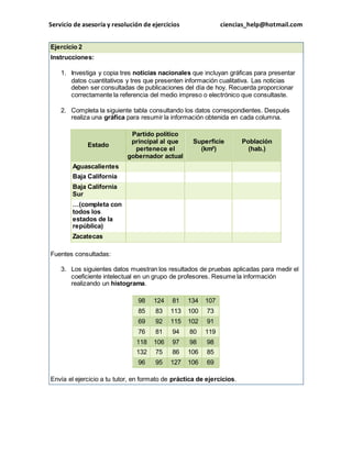 Servicio de asesoría y resolución de ejercicios ciencias_help@hotmail.com 
Ejercicio 2 
Instrucciones: 
1. Investiga y copia tres noticias nacionales que incluyan gráficas para presentar 
datos cuantitativos y tres que presenten información cualitativa. Las noticias 
deben ser consultadas de publicaciones del día de hoy. Recuerda proporcionar 
correctamente la referencia del medio impreso o electrónico que consultaste. 
2. Completa la siguiente tabla consultando los datos correspondientes. Después 
realiza una gráfica para resumir la información obtenida en cada columna. 
Estado 
Partido político 
principal al que 
pertenece el 
gobernador actual 
Superficie 
(km²) 
Población 
(hab.) 
Aguascalientes 
Baja California 
Baja California 
Sur 
…(completa con 
todos los 
estados de la 
república) 
Zacatecas 
Fuentes consultadas: 
3. Los siguientes datos muestran los resultados de pruebas aplicadas para medir el 
coeficiente intelectual en un grupo de profesores. Resume la información 
realizando un histograma. 
98 124 81 134 107 
85 83 113 100 73 
69 92 115 102 91 
76 81 94 80 119 
118 106 97 98 98 
132 75 86 106 85 
96 95 127 106 69 
Envía el ejercicio a tu tutor, en formato de práctica de ejercicios. 
 