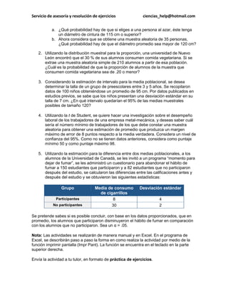 Servicio de asesoría y resolución de ejercicios ciencias_help@hotmail.com 
a. ¿Qué probabilidad hay de que si eliges a una persona al azar, éste tenga un diámetro de cintura de 115 cm o superior? b. Ahora considera que se obtiene una muestra aleatoria de 35 personas, ¿Qué probabilidad hay de que el diámetro promedio sea mayor de 120 cm? 2. Utilizando la distribución muestral para la proporción, una universidad de Nuevo León encontró que el 30 % de sus alumnos consumen comida vegetariana. Si se extrae una muestra aleatoria simple de 210 alumnos a partir de esa población. ¿Cuál es la probabilidad de que la proporción de alumnos de la muestra que consumen comida vegetariana sea de .20 o menor? 3. Considerando la estimación de intervalo para la media poblacional, se desea determinar la talla de un grupo de preescolares entre 3 y 5 años. Se recopilaron datos de 100 niños obteniéndose un promedio de 95 cm. Por datos publicados en estudios previos, se sabe que los niños presentan una desviación estándar en su talla de 7 cm. ¿En qué intervalo quedarían el 95% de las medias muestrales posibles de tamaño 120? 4. Utilizando la t de Student, se quiere hacer una investigación sobre el desempeño laboral de los trabajadores de una empresa metal-mecánica, y deseas saber cuál sería el número mínimo de trabajadores de los que debe constar una muestra aleatoria para obtener una estimación de promedio que produzca un margen máximo de error de 8 puntos respecto a la media verdadera. Considera un nivel de confianza del 95%. Como no se tienen datos anteriores, considera como puntaje mínimo 50 y como puntaje máximo 98. 5. Utilizando la estimación para la diferencia entre dos medias poblacionales, a los alumnos de la Universidad de Canadá, se les invitó a un programa “momento para dejar de fumar”, se les administró un cuestionario para abandonar el hábito de fumar a 150 estudiantes que participaron y a 82 estudiantes que no participaron después del estudio, se calcularon las diferencias entre las calificaciones antes y después del estudio y se obtuvieron las siguientes estadísticas: Grupo Media de consumo de cigarrillos Desviación estándar Participantes 8 4 No participantes 30 2 Se pretende sabes si es posible concluir, con base en los datos proporcionados, que en promedio, los alumnos que participaron disminuyeron el hábito de fumar en comparación con los alumnos que no participaron. Sea un α = .05. Nota: Las actividades se realizarán de manera manual y en Excel. En el programa de Excel, se describirán paso a paso la forma en como realiza la actividad por medio de la función imprimir pantalla (Impr Pant). La función se encuentra en el teclado en la parte superior derecha. Envía la actividad a tu tutor, en formato de práctica de ejercicios. 
 
