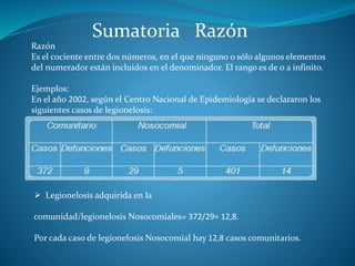 Sumatoria Razón 
Razón 
Es el cociente entre dos números, en el que ninguno o sólo algunos elementos 
del numerador están incluidos en el denominador. El rango es de 0 a infinito. 
Ejemplos: 
En el año 2002, según el Centro Nacional de Epidemiología se declararon los 
siguientes casos de legionelosis: 
 Legionelosis adquirida en la 
comunidad/legionelosis Nosocomiales= 372/29= 12,8. 
Por cada caso de legionelosis Nosocomial hay 12,8 casos comunitarios. 
 