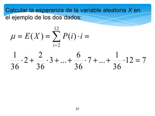 Calcular la esperanza de la variable aleatoria X en
el ejemplo de los dos dados:
12

E(X )

P (i ) i
i 2

1
2
6
1
2
3 ...
7 ...
12
36
36
36
36

27

7

 
