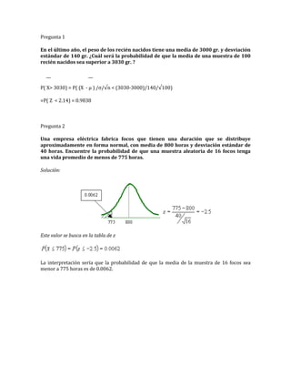 Pregunta 1
En el último año, el peso de los recién nacidos tiene una media de 3000 gr. y desviación
estándar de 140 gr. ¿Cuál será la probabilidad de que la media de una muestra de 100
recién nacidos sea superior a 3030 gr. ?
P( X> 3030) = P( (X - µ ) /σ/√n < (3030-3000)/140/√100)
=P( Z < 2.14) = 0.9838
Pregunta 2
Una empresa eléctrica fabrica focos que tienen una duración que se distribuye
aproximadamente en forma normal, con media de 800 horas y desviación estándar de
40 horas. Encuentre la probabilidad de que una muestra aleatoria de 16 focos tenga
una vida promedio de menos de 775 horas.
Solución:
Este valor se busca en la tabla de z
La interpretación sería que la probabilidad de que la media de la muestra de 16 focos sea
menor a 775 horas es de 0.0062.
 
