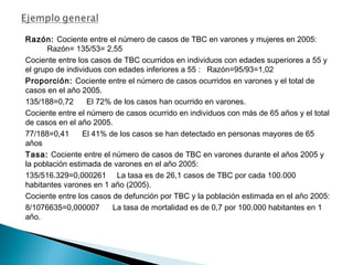 Razón: Cociente entre el número de casos de TBC en varones y mujeres en 2005:
Razón= 135/53= 2,55
Cociente entre los casos de TBC ocurridos en individuos con edades superiores a 55 y
el grupo de individuos con edades inferiores a 55 : Razón=95/93=1,02
Proporción: Cociente entre el número de casos ocurridos en varones y el total de
casos en el año 2005.
135/188=0,72 El 72% de los casos han ocurrido en varones.
Cociente entre el número de casos ocurrido en individuos con más de 65 años y el total
de casos en el año 2005.
77/188=0,41 El 41% de los casos se han detectado en personas mayores de 65
años
Tasa: Cociente entre el número de casos de TBC en varones durante el años 2005 y
la población estimada de varones en el año 2005:
135/516.329=0,000261 La tasa es de 26,1 casos de TBC por cada 100.000
habitantes varones en 1 año (2005).
Cociente entre los casos de defunción por TBC y la población estimada en el año 2005:
8/1076635=0,000007 La tasa de mortalidad es de 0,7 por 100.000 habitantes en 1
año.
 
