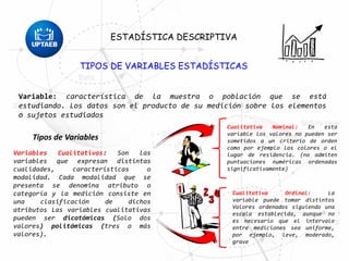 Variable: característica de la muestra o población que se está
estudiando. Los datos son el producto de su medición sobre los elementos
o sujetos estudiados
Tipos de Variables
Variables Cualitativas: Son las
variables que expresan distintas
cualidades, características o
modalidad. Cada modalidad que se
presenta se denomina atributo o
categoría y la medición consiste en
una clasificación de dichos
atributos Las variables cualitativas
pueden ser dicotómicas (Solo dos
valores) politómicas (tres o más
valores).
Cualitativa Nominal: En esta
variable los valores no pueden ser
sometidos a un criterio de orden
como por ejemplo los colores o el
lugar de residencia. (no admiten
puntuaciones numéricas ordenadas
significativamente)
Cualitativa Ordinal: La
variable puede tomar distintos
Valores ordenados siguiendo una
escala establecida, aunque no
es necesario que el intervalo
entre mediciones sea uniforme,
por ejemplo, leve, moderado,
grave
ESTADÍSTICA DESCRIPTIVA
TIPOS DE VARIABLES ESTADÍSTICAS
 