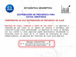 DISTRIBUCIÓN DE FRECUENCIA PARA
DATOS AGRUPADOS
COMPONENTES DE UNA DISTRIBUCIÓN DE FRECUENCIA DE CLASE
Amplitud de Clase, Longitud o Ancho de una Clase : La amplitud o
longitud de una clase es el número de valores o variables que
concurren a una clase determinada. La amplitud de clase se designa
con las letras c. Esta amplitud puede determinarse dividiendo el
recorrido entre el valor de k, el numero de intervalos de clase.
Simbólicamente, la amplitud del intervalo de clase está dada por
ESTADÍSTICA DESCRIPTIVA
 