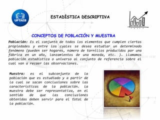 CONCEPTOS DE POBLACIÓN Y MUESTRA
Población: Es el conjunto de todos los elementos que cumplen ciertas
propiedades y entre los cuales se desea estudiar un determinado
fenómeno (pueden ser hogares, número de tornillos producidos por una
fábrica en un año, lanzamientos de una moneda, etc. ). Llamamos
población estadística o universo al conjunto de referencia sobre el
cual van a recaer las observaciones.
Muestra: es el subconjunto de la
población que es estudiado y a partir de
la cual se sacan conclusiones sobre las
características de la población. La
muestra debe ser representativa, en el
sentido de que las conclusiones
obtenidas deben servir para el total de
la población.
ESTADÍSTICA DESCRIPTIVAESTADÍSTICA DESCRIPTIVA
 