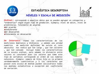 Ordinal: corresponde a aquellos datos que se pueden agrupar en categorías y
“ordenarlas” según algún tipo de gradación. Ejemplo; nivel de dolor, nivel de
preferencia. Totalmente de acuerdo
De acuerdo
Indiferente
En desacuerdo
Totalmente en desacuerdo
De Intervalo: tiene las características de las
mediciones Nominales y Ordinales y además una unidad
numérica de medición definida( No existe el cero
absoluto) nos indica que tan largo , que tan caliente
, que tan cansado incluye todas las características
de la escala ordinal, pero además la distancia entre
valores es constante pues los valores que toma este
tipo de variables corresponde al orden de los números
naturales. Ejemplo: número de hijos Esta es la primera
verdaderamente cuantitativa y a los caracteres que
posean esta escala de medida pueden calculársele todas
las medidas estadísticas a excepción del coeficiente
de variación.
NIVELES Y ESCALA DE MEDICIÓN
ESTADÍSTICA DESCRIPTIVAESTADÍSTICA DESCRIPTIVA
 