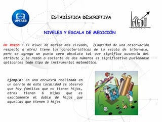 NIVELES Y ESCALA DE MEDICIÓN
De Razón : El nivel de medida más elevado, (Cantidad de una observación
respecto a otra) tiene las características de la escala de intervalo,
pero se agrega un punto cero absoluto tal que significa ausencia del
atributo y la razón o cociente de dos números es significativo pudiéndose
aplicarles todo tipo de instrumental matemático.
ESTADÍSTICA DESCRIPTIVA
Ejemplo: En una encuesta realizada en
un barrio de esta localidad se observó
que hay familias que no tienen hijos,
otras tienen 6 hijos que es
exactamente el doble de hijos que
aquellas que tienen 3 hijos
ESTADÍSTICA DESCRIPTIVA
 