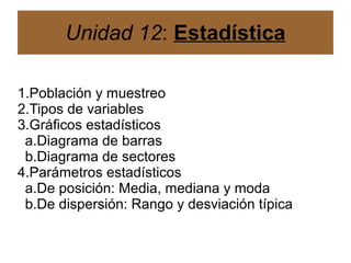 EstadísticaEstadística
1.Población y muestreo
2.Tipos de variables
3.Gráficos estadísticos
a.Diagrama de barras
b.Diagrama...