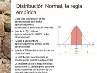 Distribución Normal, la regla empíricaDada una distribución de las observaciones con forma aproximadamente acampanada, entonces, el intervalo:(Media ±  S) contiene aproximadamente al 68% de las observaciones(Media ± 2S) contiene aproximadamente al 95% de las observaciones(Media ± 3S) contiene casi todas las observacionesLa distribución acampanada se conoce como la distribución normal. La importancia de la regla empírica consiste en su utilidad para describir adecuadamente la variación de un gran número de tipos de datos.