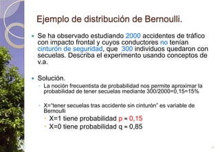 Ejemplo de distribución de Bernoulli.Se ha observado estudiando 2000 accidentes de tráfico con impacto frontal y cuyos conductores no tenían cinturón de seguridad, que  300 individuos quedaron con secuelas. Describa el experimento usando conceptos de v.a.Solución.La noción frecuentista de probabilidad nos permite aproximar la probabilidad de tener secuelas mediante 300/2000=0,15=15%X=“tener secuelas tras accidente sin cinturón” es variable de BernoulliX=1 tiene probabilidad p ≈ 0,15X=0 tiene probabilidad q ≈ 0,8511