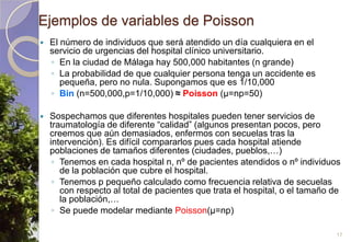 Ejemplos de variables de PoissonEl número de individuos que será atendido un día cualquiera en el servicio de urgencias del hospital clínico universitario.En la ciudad de Málaga hay 500,000 habitantes (n grande)La probabilidad de que cualquier persona tenga un accidente es pequeña, pero no nula. Supongamos que es 1/10,000Bin(n=500,000,p=1/10,000) ≈Poisson(μ=np=50)Sospechamos que diferentes hospitales pueden tener servicios de traumatología de diferente “calidad” (algunos presentan pocos, pero creemos que aún demasiados, enfermos con secuelas tras la intervención). Es difícil compararlos pues cada hospital atiende poblaciones de tamaños diferentes (ciudades, pueblos,…)Tenemos en cada hospital n, nº de pacientes atendidos o nº individuos de la población que cubre el hospital.Tenemos p pequeño calculado como frecuencia relativa de secuelas con respecto al total de pacientes que trata el hospital, o el tamaño de la población,…Se puede modelar mediante Poisson(μ=np)17