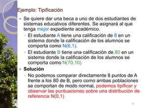 Ejemplo: TipificaciónSe quiere dar una beca a uno de dos estudiantes de sistemas educativos diferentes. Se asignará al que tenga mejor expediente académico.El estudiante A tiene una calificación de 8 en un sistema donde la calificación de los alumnos se comporta como N(6,1).El estudiante B tiene una calificación de 80 en un sistema donde la calificación de los alumnos se comporta como N(70,10).SoluciónNo podemos comparar directamente 8 puntos de A frente a los 80 de B, pero como ambas poblaciones se comportan de modo normal, podemos tipificar y observar las puntuaciones sobre una distribución de referencia N(0,1)29