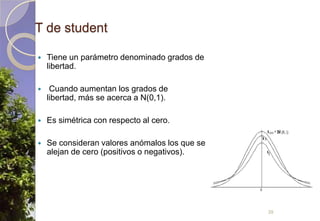 T de studentTiene un parámetro denominado grados de libertad. Cuando aumentan los grados de libertad, más se acerca a N(0,1).Es simétrica con respecto al cero.Se consideran valores anómalos los que se alejan de cero (positivos o negativos).39