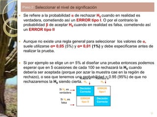 11Paso 2: Seleccionar el nivel de significaciónSe refiere a la probabilidad αde rechazar H0cuando en realidad es verdadera, cometiendo así un ERROR tipo I.O por el contrario la probabilidad βde aceptar H0 cuando en realidad es falsa, cometiendo así un ERROR tipo IIAunque no existe una regla general para seleccionar  los valores de α,suele utilizarseα=0,05 (5%) y α= 0,01 (1%)y debe especificarse antes de realizar la prueba.Si por ejemplo se elige un α= 5% al diseñar una prueba entonces podemos esperar que en 5 ocasiones de cada 100 se rechazará la H0 cuando debería ser aceptada (porque por azar la muestra cae en la región de rechazo), o sea que tenemos una probabilidad = 0.95 (95%) de que no rechazaremos la H0 siendo cierta.