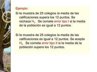 Ejemplo:Si la muestra de 25 colegios la media de las calificaciones supera los 12 puntos. Se rechaza H0. Se comete error tipo Isi la media de la población es igual a 12 puntos. Si la muestra de 25 colegios la media de las calificaciones es igual a 12 puntos. Se acepta H0. Se comete error tipo IIsi la media de la población supera los 12 puntos. 