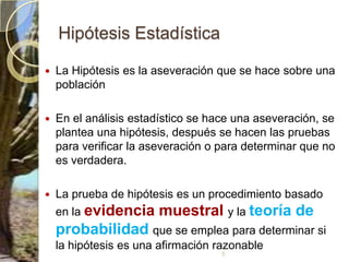 Hipótesis EstadísticaLa Hipótesis es la aseveración que se hace sobre una población En el análisis estadístico se hace una aseveración, se plantea una hipótesis, después se hacen las pruebas para verificar la aseveración o para determinar que no es verdadera.La prueba de hipótesis es un procedimiento basado en la evidencia muestraly la teoría de probabilidad que se emplea para determinar si la hipótesis es una afirmación razonable 5