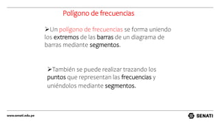Un polígono de frecuencias se forma uniendo
los extremos de las barras de un diagrama de
barras mediante segmentos.
Polígono de frecuencias
También se puede realizar trazando los
puntos que representan las frecuencias y
uniéndolos mediante segmentos.
 