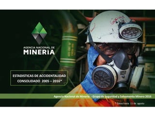 Agencia Nacional de Minería - Grupo de Seguridad y Salvamento Minero 2016
ESTADISTICAS DE ACCIDENTALIDAD
CONSOLIDADO 2005 – 2016*
* Datos hasta 11 de agosto
 