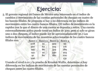 Ejercicio:5. El gerente regional del banco de México esta interesado en el índice de cambios o movimiento de las cuentas personales de cheques en cuatro de los bancos filiales. Se pregunta si hay o no diferencia en los índices de movimiento entre los cuatro bancos filiales. (El índice de movimiento es la rapidez con la que el dinero de una cuenta se deposita y retira. Una cuenta extremadamente activa puede tener un índice de 300; pero si solo se giran uno o dos cheques, el índice puede ser de aproximadamente 30.) Los índices de movimiento de las muestras seleccionadas de los cuatro bancos filiales son:	Usando el nivel 0.01 y la prueba de Kruskal-Wallis, determine si hay diferencia en los índices de movimiento de las cuentas personales de cheques entre las cuatro filiales.13