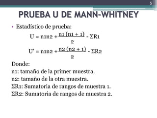PRUEBA U DE MANN-WHITNEYEstadístico de prueba:n1 (n1 + 1)				         2	n2 (n2 + 1)				         2Donde:n1: tamaño de la primer muestra.n2: tamaño de la otra muestra.ΣR1: Sumatoria de rangos de muestra 1.ΣR2: Sumatoria de rangos de muestra 2.5U = n1n2 +                     - ΣR1U’ = n1n2 +                      - ΣR2