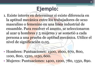 Ejemplo:1. Existe interés en determinar si existe diferencia en la aptitud mecánica entre los trabajadores de sexo masculino o femenino en una línea industrial de ensamble. Para resolver el asunto, se seleccionaron al azar 9 hombres y 5 mujeres y se sometió a cada persona a una prueba de aptitud mecánica. Utilice el nivel de significación 0.05. Hombres: Puntuaciones: 1500, 1600, 670, 800, 1100, 800, 1320, 1150, 600.Mujeres: Puntuaciones: 1400, 1200, 780, 1350, 890.6