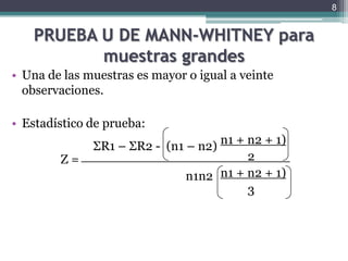 PRUEBA U DE MANN-WHITNEY para muestras grandesUna de las muestras es mayor o igual a veinte observaciones.Estadístico de prueba:n1 + n2 + 1)		         		         2		n1 + n2 + 1)							         38ΣR1 – ΣR2 -  (n1 – n2)Z = n1n2