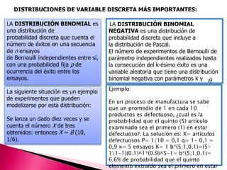 DISTRIBUCIONES DE VARIABLE DISCRETA MÁS IMPORTANTES: 
LA DISTRIBUCIÓN BINOMIAL es 
una distribución de 
probabilidad discreta que cuenta el 
número de éxitos en una secuencia 
de n ensayos 
de Bernoulli independientes entre sí, 
con una probabilidad fija p de 
ocurrencia del éxito entre los 
ensayos. 
La siguiente situación es un ejemplo 
de experimentos que pueden 
modelizarse por esta distribución: 
Se lanza un dado diez veces y se 
cuenta el número X de tres 
obtenidos: entonces X ~ B (10, 
1/6). 
LA DISTRIBUCIÓN BINOMIAL 
NEGATIVA es una distribución de 
probabilidad discreta que incluye a 
la distribución de Pascal. 
El número de experimentos de Bernoulli de 
parámetro independientes realizados hasta 
la consecución del k-ésimo éxito es una 
variable aleatoria que tiene una distribución 
binomial negativa con parámetros k y 
Ejemplo: 
En un proceso de manufactura se sabe 
que un promedio de 1 en cada 10 
productos es defectuoso, ¿cual es la 
probabilidad que el quinto (5) artículo 
examinado sea el primero (1) en estar 
defectuoso?. La solución es: X= artículos 
defectuosos P= 1/10 = 0,1 q= 1- 0,1 = 
0,9 x= 5 ensayos K= 1 b*(5;1,0.1)=(5- 
11-1)(0.1)^1*(0.9)^5-1= b*(5;1,0.1)= 
6.6% de probabilidad que el quinto 
elemento extraído sea el primero en estar 
 