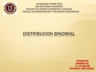 UNIVERSIDAD FERMÍN TORO 
VICE-RECTORADO ACADÉMICO 
FACULTAD DE CIENCIAS ECONÓMICAS Y SOCIALES 
ESCUELA DE ADMINISTRACIÓN Y RELACIONES INDUSTRIALES 
DISTRIBUCION BINOMIAL 
INTEGRANTE: 
CRISBEIDY GIL 
C.I.: 25.348.656 
PROFESOR: JOSÉ LINÀREZ 
 