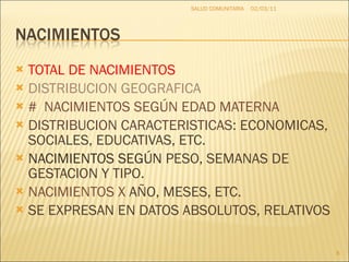 TOTAL DE NACIMIENTOS DISTRIBUCION GEOGRAFICA #  NACIMIENTOS SEGÚN EDAD MATERNA DISTRIBUCION CARACTERISTICAS : ECONOMICAS, SOCIALES, EDUCATIVAS, ETC. NACIMIENTOS SEGÚN  PESO, SEMANAS DE GESTACION Y TIPO. NACIMIENTOS X  AÑO, MESES, ETC. SE EXPRESAN EN DATOS ABSOLUTOS, RELATIVOS  02/03/11 SALUD COMUNITARIA 