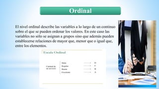 Ordinal
El nivel ordinal describe las variables a lo largo de un continuo
sobre el que se pueden ordenar los valores. En este caso las
variables no sólo se asignan a grupos sino que además pueden
establecerse relaciones de mayor que, menor que o igual que,
entre los elementos.
 